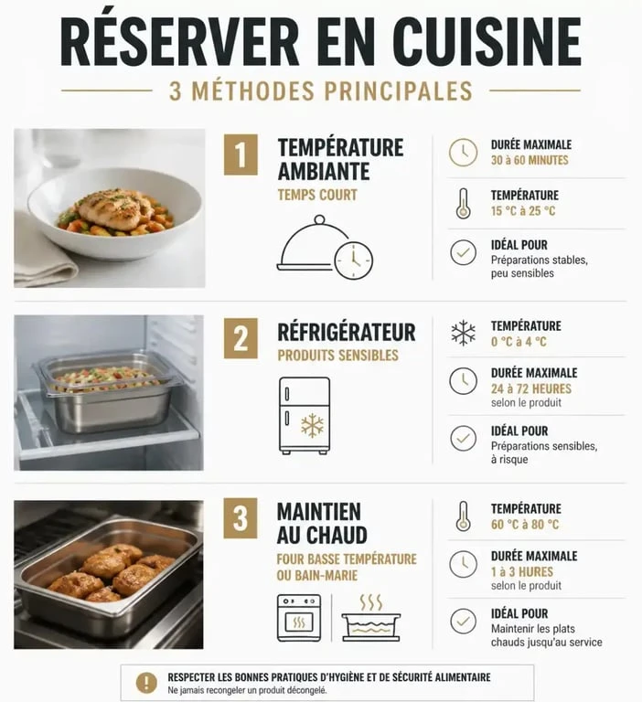 Infographie des méthodes pour réserver en cuisine : température ambiante, réfrigérateur et maintien au chaud