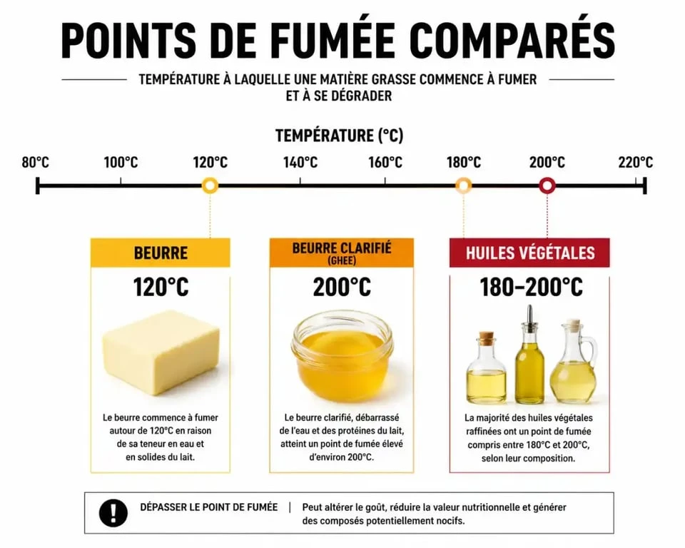 Infographie comparative des points de fumée des matières grasses pour la cuisson au beurre