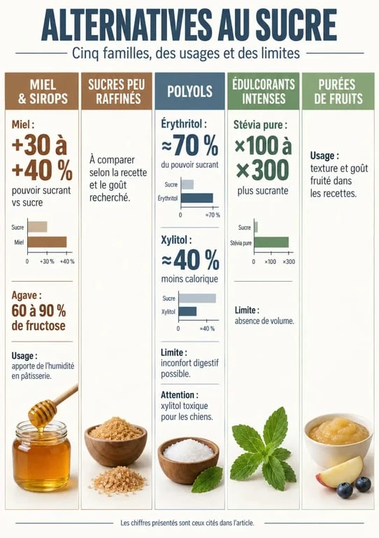 Alternative sucre : comparaison visuelle du miel, des sirops, du xylitol, de l’érythritol et de la stévia