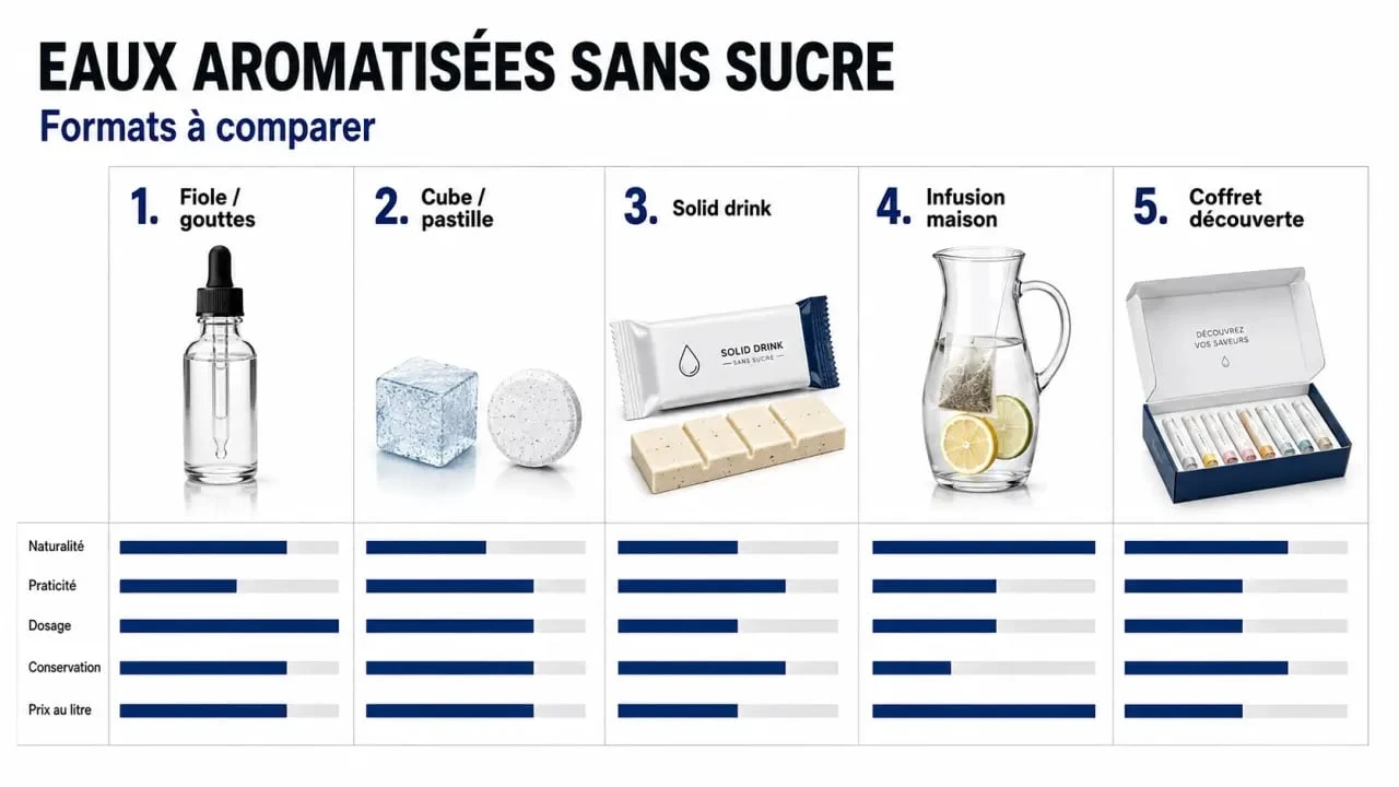Eau aromatisée sans sucre : formats à comparer entre fiole, pastille, infusion maison et solid drink