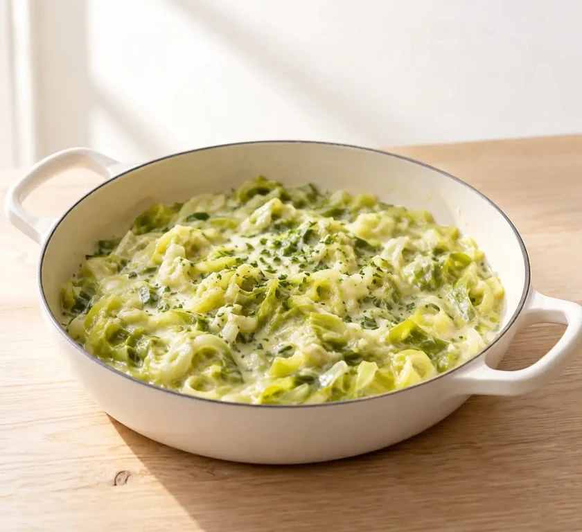Cuire des poireaux en fondue crémeuse dans une assiette