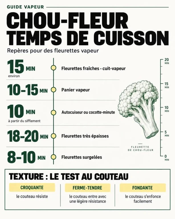 Infographie du temps de cuisson du chou-fleur vapeur selon le matériel et la texture