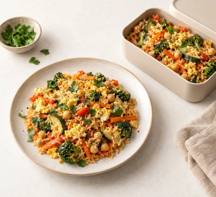 Recettes étudiantes faciles : poêlée de riz, œufs, légumes et pois chiches