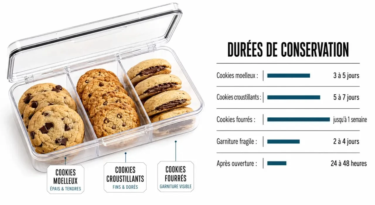 Conservation cookies maison : visuel éditorial avec durées et méthodes de stockage