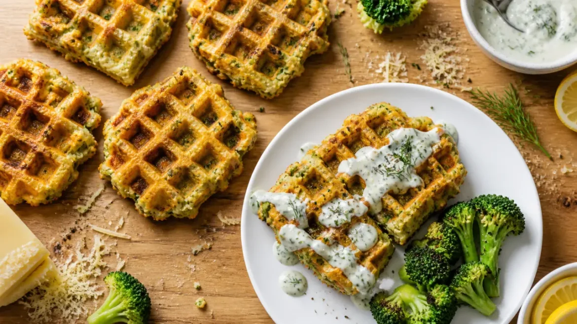 Gaufres brocolis dorées avec sauce yaourt citron aneth