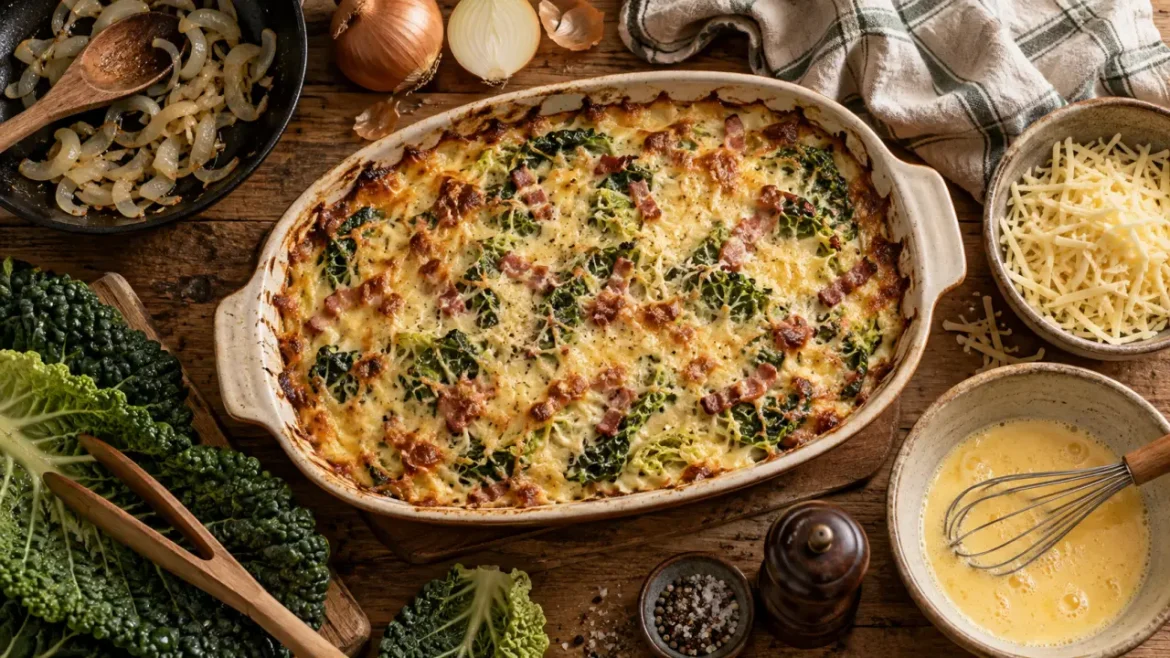 Gratin chou vert en plat à gratin, lardons et gruyère