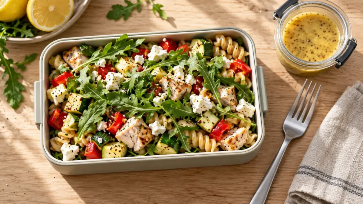 Idées repas froids à emporter : lunch box compartimentée salade de pâtes au poulet, légumes croquants, feta