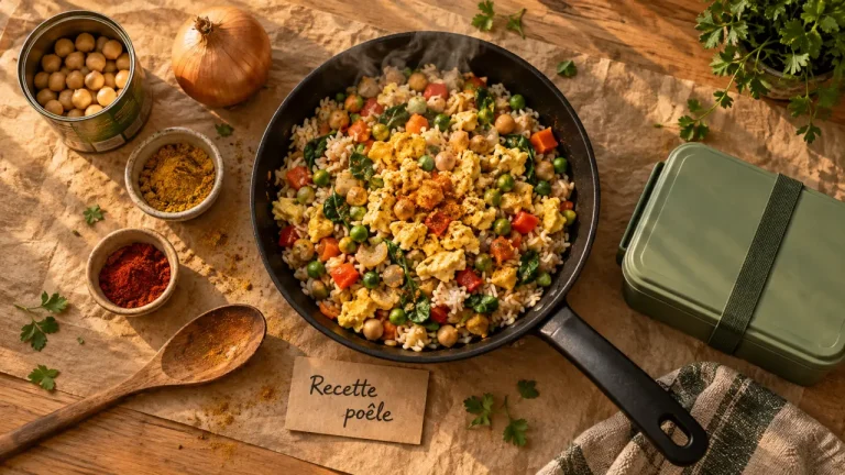 Recettes étudiantes faciles : poêle avec riz, œufs et légumes, micro-ondes