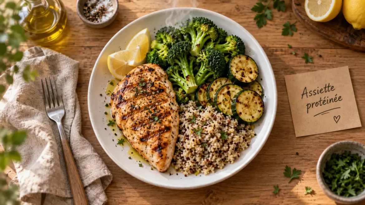 Repas protéiné et perte de poids : une assiette rassasiante sans frustration Repas protéiné perte de poids : assiette équilibrée poulet, légumes et quinoa