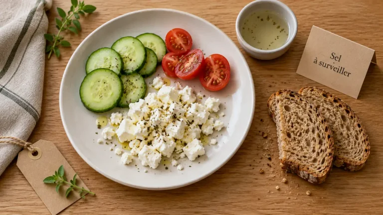 Bienfait feta : calcium et protéines, sel à surveiller sur une assiette avec concombre