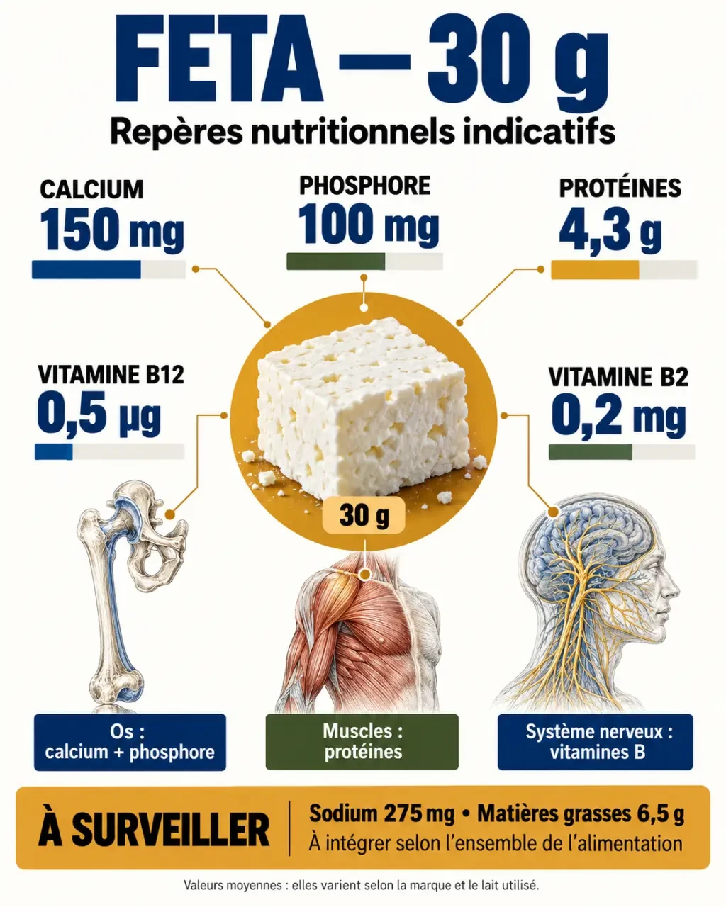 Infographie sur les bienfaits de la feta et ses apports en calcium, protéines, vitamines et sodium