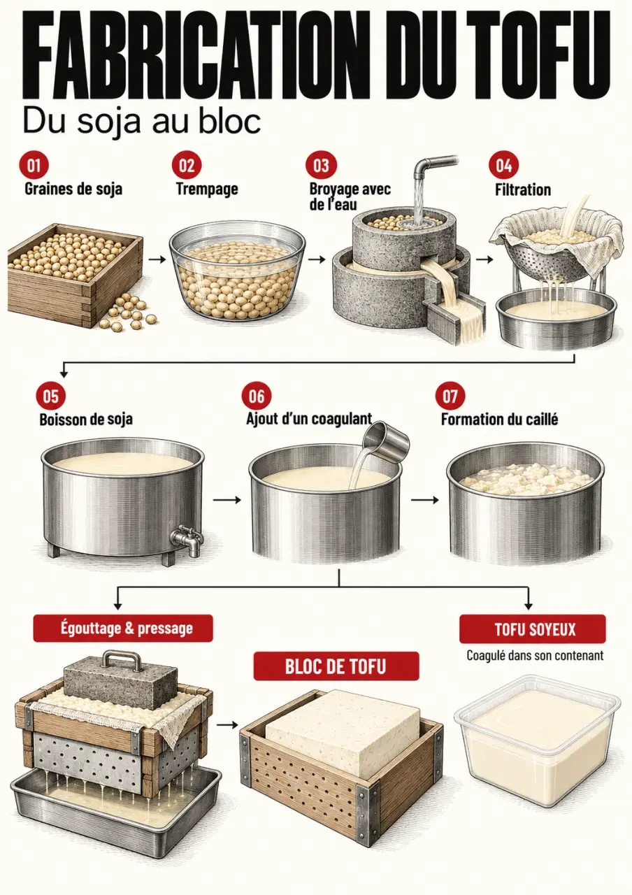 Tofu définition : infographie du processus de fabrication à partir des graines de soja
