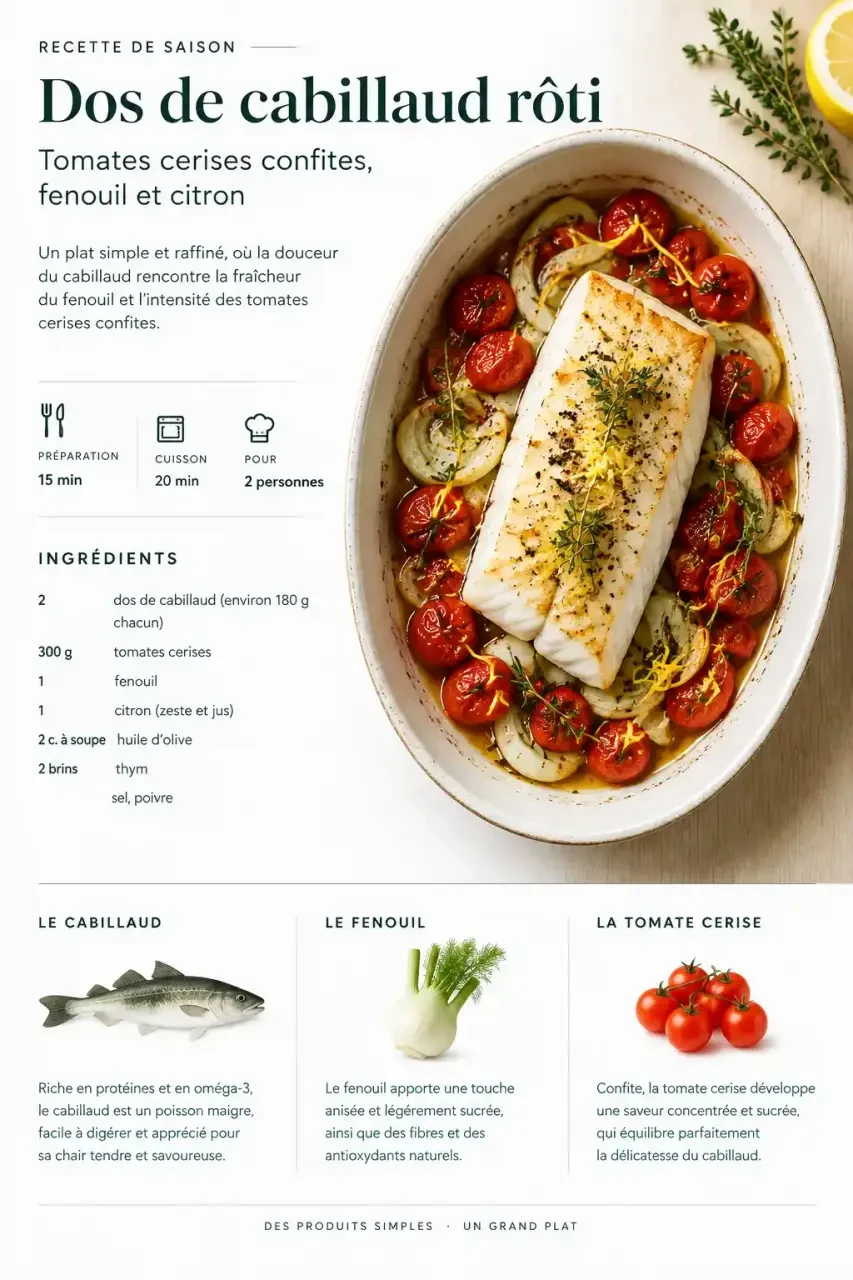 Légumes qui accompagnent le poisson : cabillaud rôti avec tomates cerises et fenouil au four