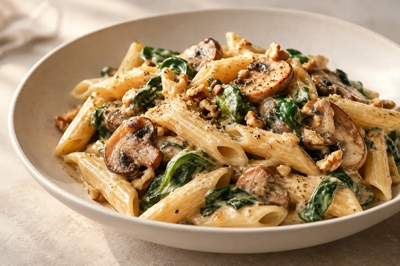 Pâtes végétariennes crémeuses aux champignons et aux épinards