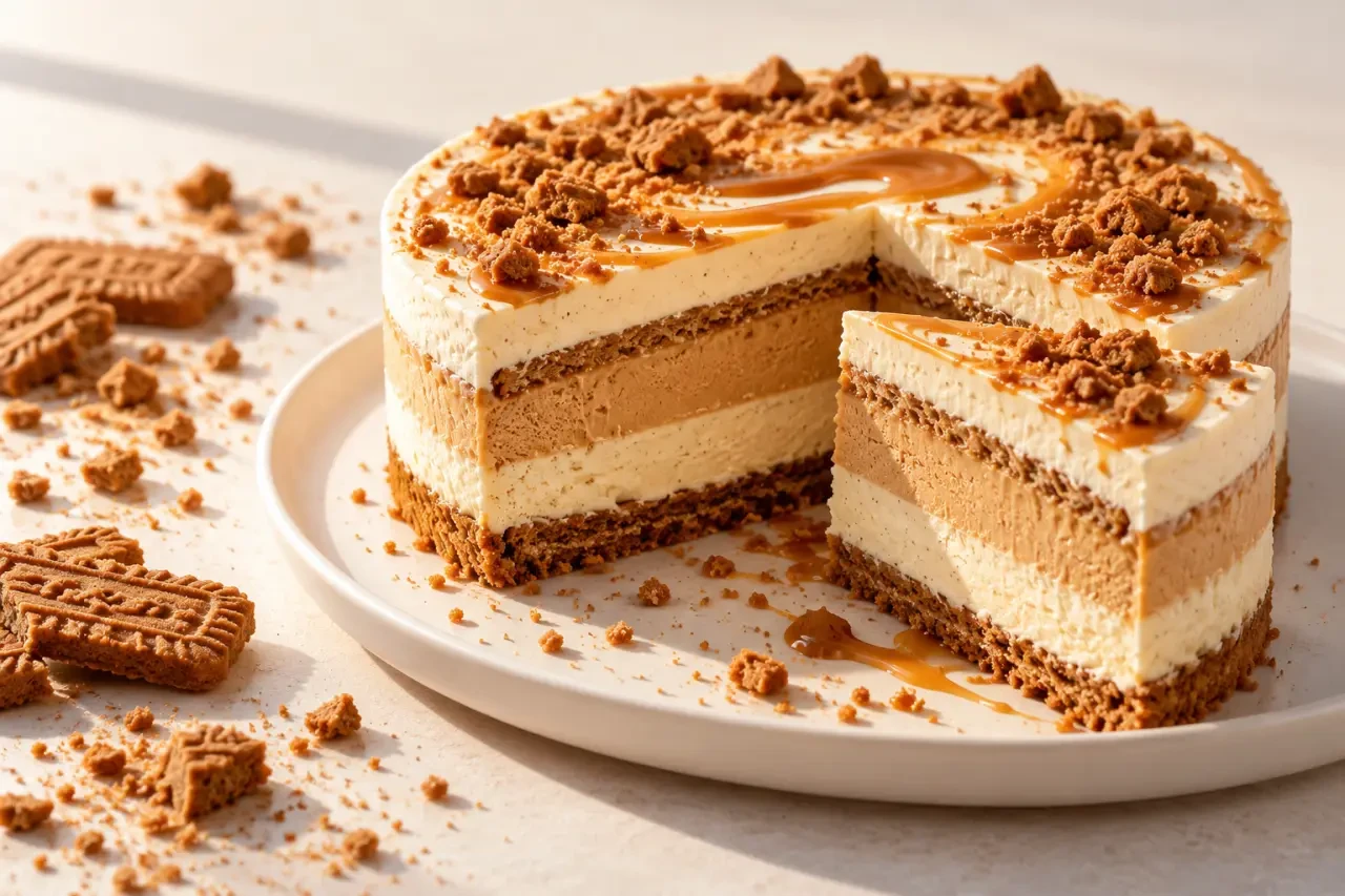 Gâteau glacé vanille-caramel sur fond de spéculoos avec une part découpée