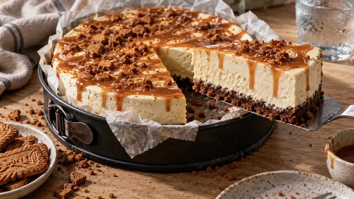 Gateau glacé vanille-caramel, part nette avec croquant speculoos et sauce caramel