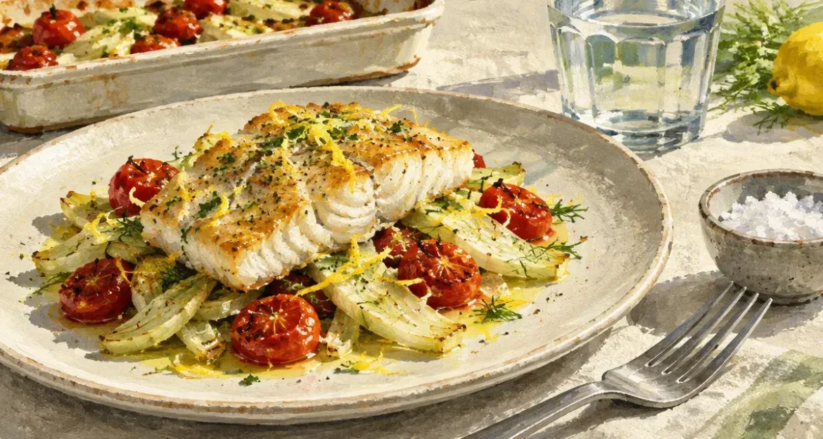 Cabillaud rôti avec legumes qui accompagne le poisson : fenouil et tomates au citron