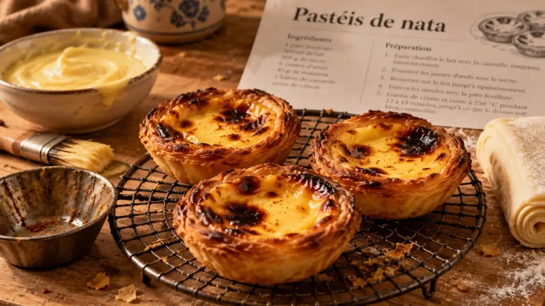 Pasteis de natas recette : pastéis de nata dorés, pâte croustillante et crème fondante