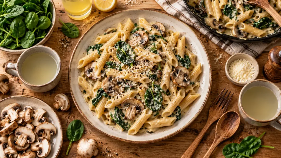 Pate vegetarienne : penne crémeuses aux champignons et épinards