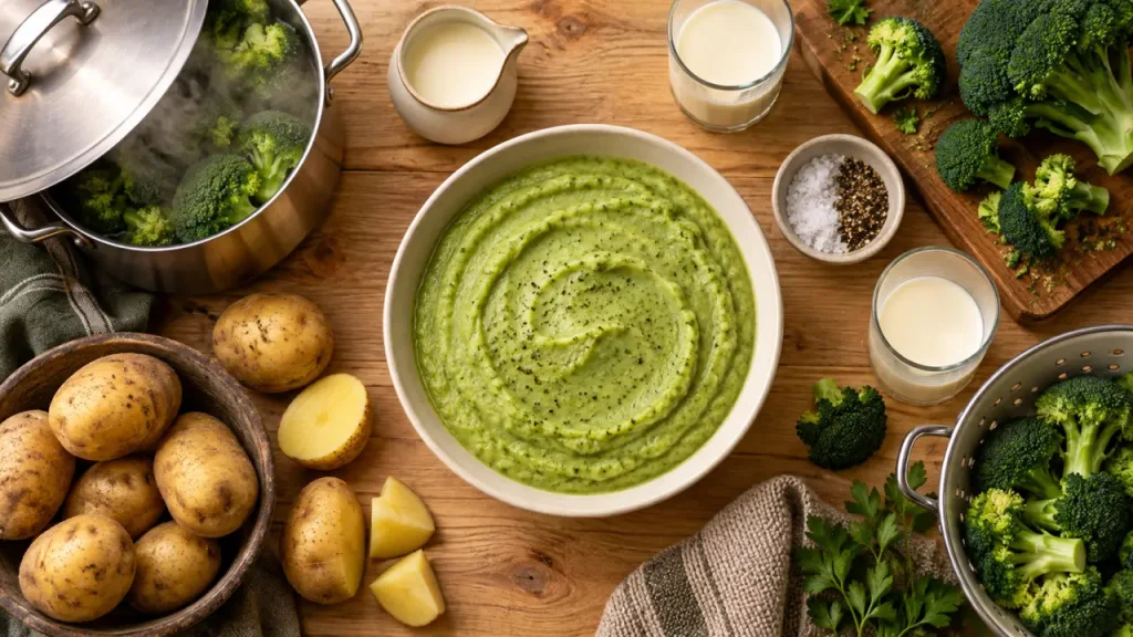 Purée aux brocolis en bol de céramique, texture douce et lisse
