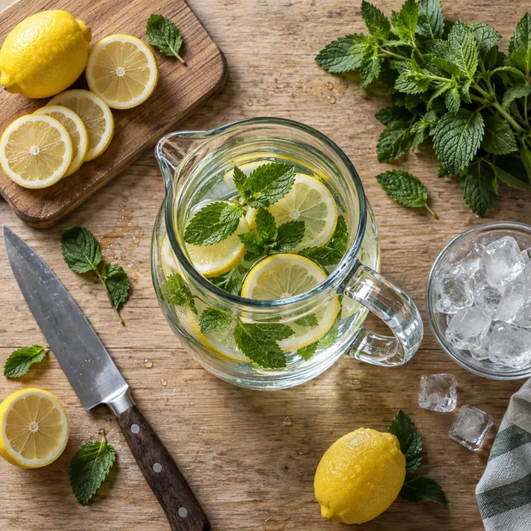 Une recette d’eau aromatisée maison, avec les bons dosages et le bon temps d’infusion Recette eau aromatisée maison : eau citron menthe