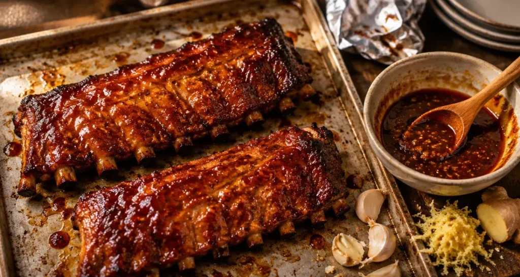 Travers de porc four laqués miel-soja, cuisson caramélisée