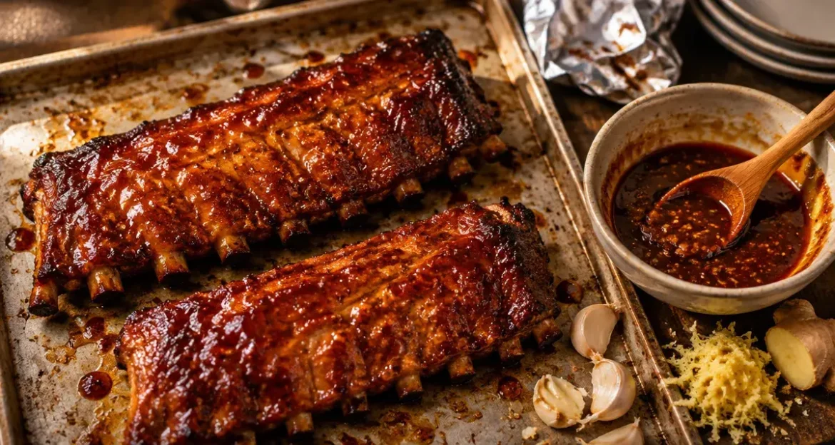 Travers de porc four laqués miel-soja, cuisson caramélisée