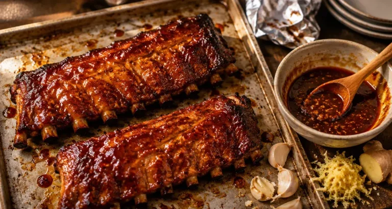 Travers de porc four laqués miel-soja, cuisson caramélisée